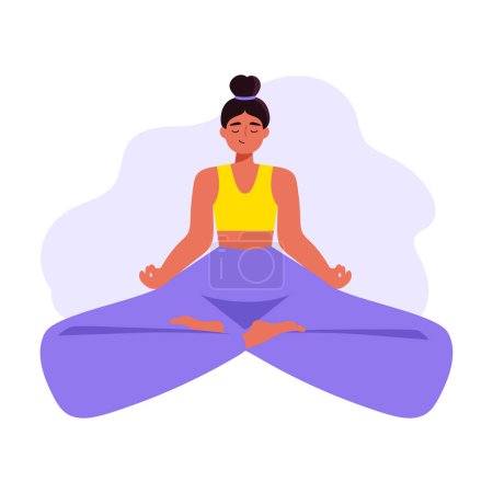 Nettes Cartoon-Mädchen sitzt in Yoga-Pose. Meditieren und Yoga. Internationaler Yoga-Tag. Weibliche Figur beim Yoga. Vektorillustration