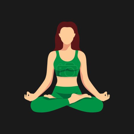 Femme abstraite sans visage assise dans la pose de lotus. Méditer fille sur fond sombre. Journée internationale du yoga. Une fille qui fait du yoga. Illustration vectorielle