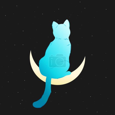 Celestial art with a cat sitting on a crescent on night sky background. Magic cat. Vector illustration