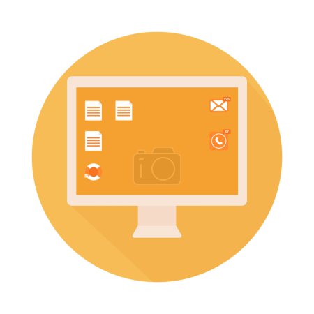 Computer icon in flat style on round yellow background. Vector illustration