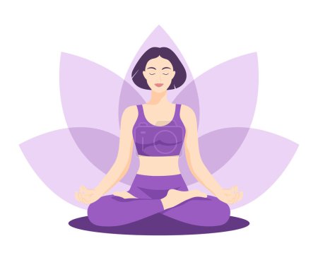 Ruhige Mädchen mit kurzen Haaren sitzen in Yoga-Pose Lotusblume Hintergrund. Meditieren und Yoga. Internationaler Yoga-Tag. Vektorillustration