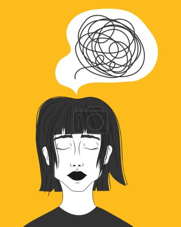 A girl with a tangle of thoughts, anxiety and messed emotions. Woman worried about bad mental health. Mental disorder and chaotic thoughts
