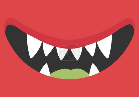 Caricatura sonriente boca de monstruo rojo con colmillos. Dientes de monstruos. Ilustración vectorial