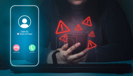 Foto de Woman reciving unwanted call on smartphone with red warning icons. Spam, scam, phishing and fraud concept. Security technology. - Imagen libre de derechos