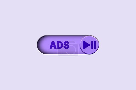 3D-Illustration eines lila Knopfes zum Ein- oder Ausschalten von ADS. Werbekonzept. AD auf Video überspringen.