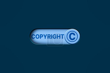 Foto de Botón azul digital 3D para encender. Concepto de derecho de autor y logotipo de propiedad intelectual. - Imagen libre de derechos