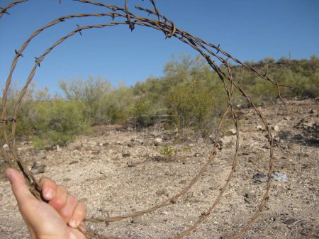 Photo for Hand Holding Up Barbed Wire Found in the Desert. High quality photo - Royalty Free Image