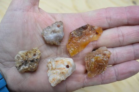 Foto de Cinco rocas de ágata en la palma con agujeros perforados para la fabricación de joyas. Foto de alta calidad - Imagen libre de derechos