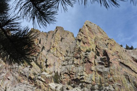 Téléchargez les photos : Steep Rocky Cliffs and Pine Tree, Randonnée pédestre sur le sentier Fowler près de Boulder, Colorado. Photo de haute qualité - en image libre de droit