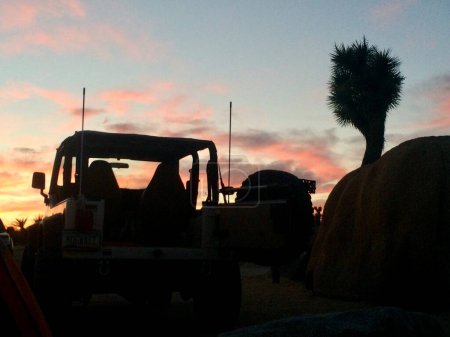 Vehicle Silhouette at Sunset in Joshua Tree National Park, California . High quality photo