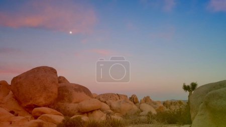 Sunset Moon over Boulders Landscape in Joshua Tree National Park, California . High quality photo