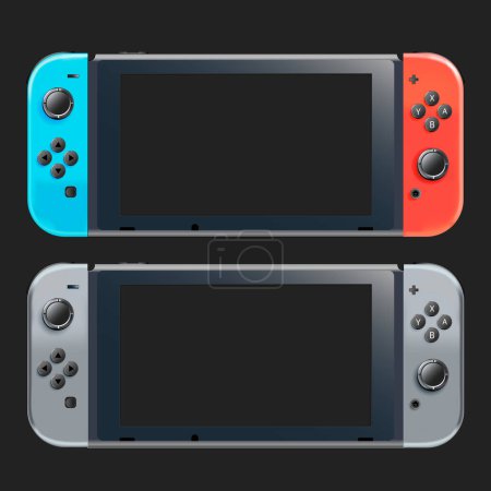 Téléchargez les illustrations : Nintendo Switch red blue gaming console vector isolated with black screen - en licence libre de droit