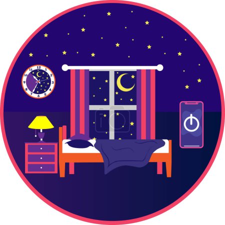 Illustration for Girl bedroom interior on attic at night. Vector cartoon mansard teenager room with unmade bed, glowing computer screen, moonlight from a window in the roof and lamps - Royalty Free Image