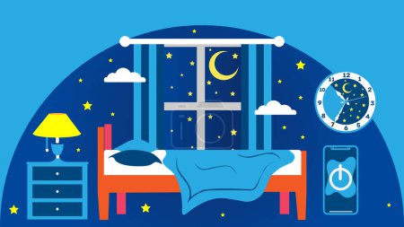 Illustration for Vector cartoon illustration of the modern living room at night. Cosy interior with sofa, armchair and bookcase. Nightstand with switched-on lamp, window with starry night view. Architecture background. - Royalty Free Image