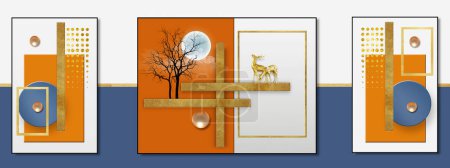 Abstrakt, Geometrie, Linie. Tapete, ein Bild aufhängen. Ölmalerei, Aquarell-Illustrationen. Orange, Goldelement, sanlianischer Hintergrund. Mode moderner Hintergrund, Kunstwand.