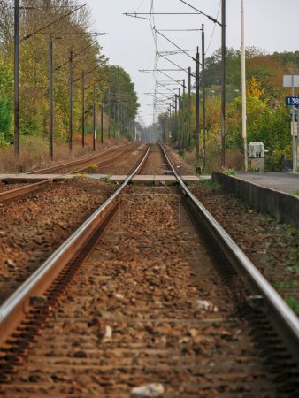 Foto de Vista central, con perspectiva, de una línea ferroviaria con rieles, lastre y madera - Imagen libre de derechos