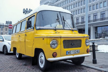 Photo for Warsaw, Poland - 11 19 2023 : Retro mini bus for city tour in Warsaw - Royalty Free Image