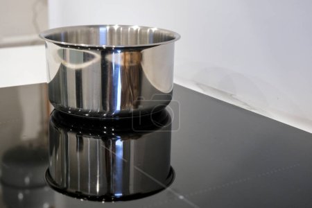 Stainless steel saucepan set on a black induction hob.