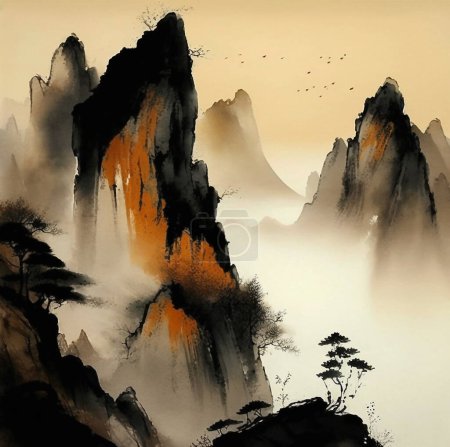 Foto de Pinturas al óleo abstractas, viento chino, nuevo estilo chino, pintura de paisaje, picos y fondo. La moda de la pared de arte moderno - Imagen libre de derechos