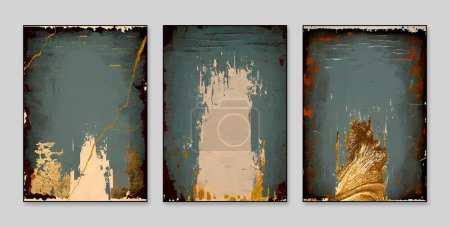Photo for Abstract, three figure, triptych, grain, gold, gold, oil paintings, era background wall art - Royalty Free Image