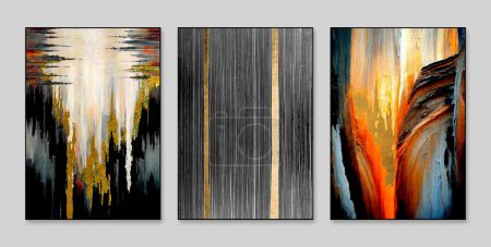 Photo for Abstract, three figure, triptych, grain, gold, gold, oil paintings, era background wall art - Royalty Free Image