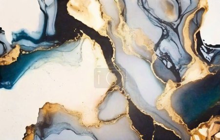 Photo for Luxury art painting abstract fluid alcohol ink technology, black and gold, maroon and gold paint. Imitation marble, glowing gold vein. Simple graphical shapes. - Royalty Free Image