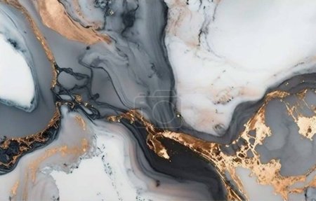 Téléchargez les photos : Peinture d'art de luxe abstraite technologie de l'encre liquide alcool, noir et or, marron et or peinture. Imitation marbre, veine dorée brillante. Formes graphiques simples - en image libre de droit