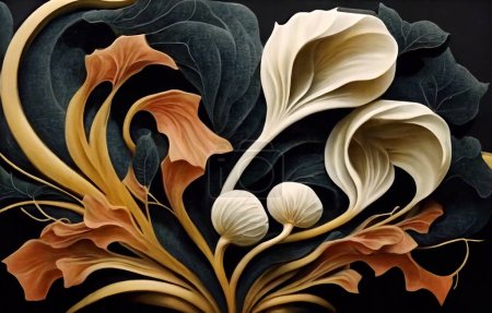 Eleganckie i piękne kwiatowe tło w stylu renesansowym. Abstrakcyjny retro dekoracyjne kwiaty i rośliny art design. Cyfrowa ilustracja 3D.