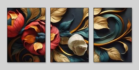 Abstract art background. A set of three abstract painting background wall decoration, texture and bright color. Restore ancient ways. Flowers, plants, paint brush. Modern art