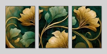 Photo for Abstract art background. A set of three abstract painting background wall decoration, texture and bright color. Restore ancient ways. Flowers, plants, paint brush. Modern art - Royalty Free Image