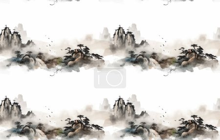 Téléchargez les photos : Montagne, vent chinois, diagramme sans couture, peinture à l'encre, le cheval - en image libre de droit