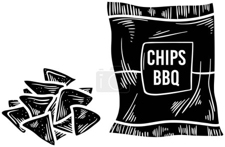 schwarze Kartoffelsilhouette oder flache Tortilla Illustration von BBQ-Logo Snack für Lebensmittel mit Chip-Symbol und knackige Form essen, wie knusprig zu Mais