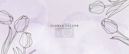 Acuarela abstracta fondo lila con contornos de tulipanes. Fondo floral para texto o foto, diplomas, postales e invitaciones, cartas, tarjetas de visita.