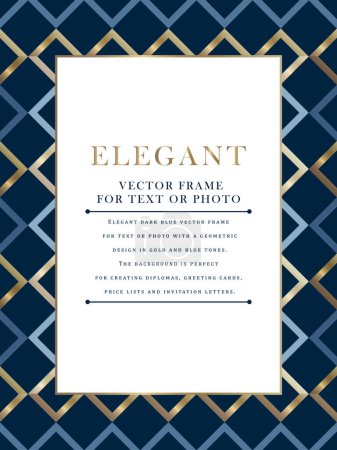 Illustration for Vector dark blue vertical luxury frame for text or photo. Frame in geometric style for diplomas, cards, certificates, covers. - Royalty Free Image
