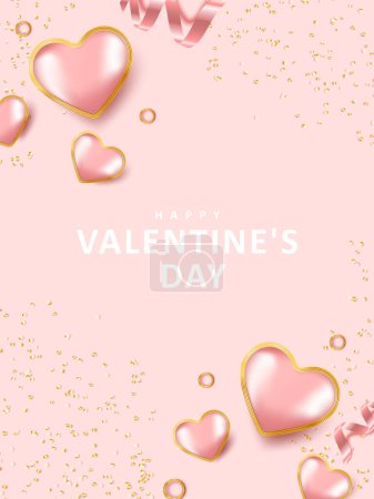 Delicate pink Valentine's Day card with voluminous hearts in a gold frame and bright gold small sparkles, pink ribbons and rings