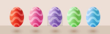 Bright vector set of multi-colored Easter eggs isolated on a beige background. Easter 3D eggs for creating Easter cards, posters, banners.