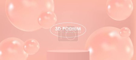 Peach-pink realistic cylindrical podium with a flying ball-sphere or bubble. Vector abstract studio with 3D geometric platform, minimal stage for product promotion.