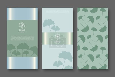 Ilustración de Diseño de la cubierta verde, embalaje de la marca, vale, certificado de regalo con hojas de ginkgo biloba. Fondo botánico vectorial para el diseño del producto. - Imagen libre de derechos