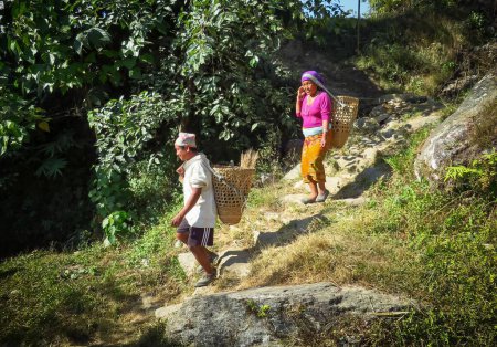 Photo for Every day life of Nepalese mountain people. Man and woman carrying a wicker basket on their backs fixed with a head strap. - Royalty Free Image
