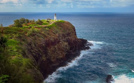 Kilauea Point Lighthouse and bay at Kilauea Point National Wildlife Refuge, Kauai, Hawaii
