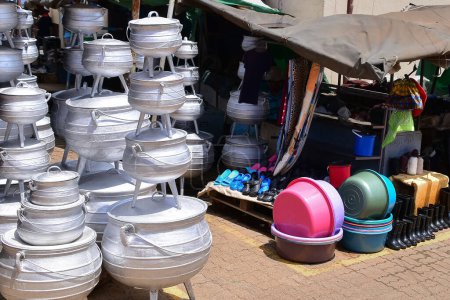 Photo for Potjie pots and household items at Manzini Market, Eswatini, Swaziland - Royalty Free Image