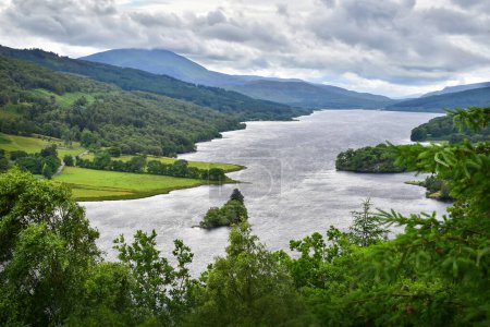 Photo for Loch Tummel lake landscape seen from Queen's View, a famous viewpoint near Pitlochry, Perthshire, Scotland, United Kingdom. Travel Europe. - Royalty Free Image