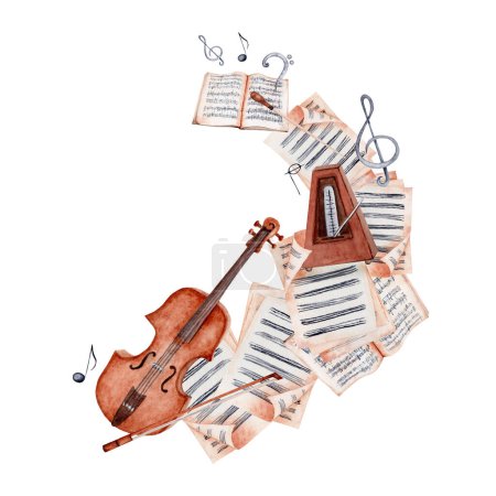 Téléchargez les photos : Aquarelle fond musical avec violon, archet, notes, aigus et basse clef, métronome et partition. Illustration dessinée à la main - en image libre de droit