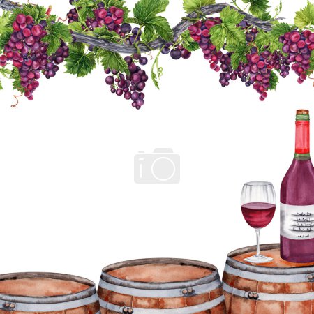 Border frame with wine glass and bottle on top of wooden barrel under bunches of grapes with green leaves on vine branch. Hand drawn watercolor illustration isolated on white background. Card design