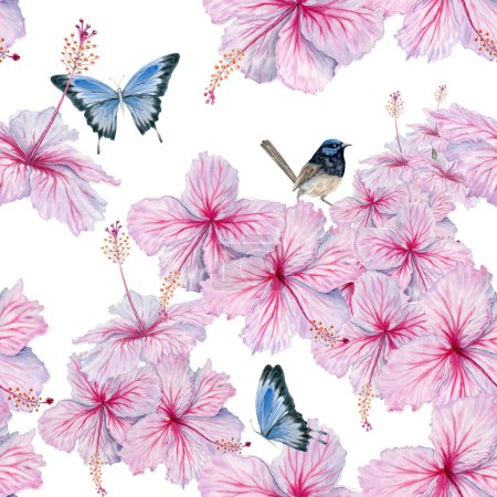 Watercolor pink hibiscus flowers with butterflies and birds seamless pattern. Floral composition on white background. For tea and syrup. Cosmetics, beauty, fashion prints, wallpaper, fabrics, cards