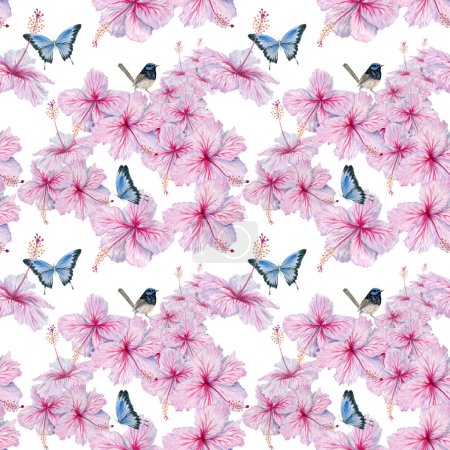 Rosa Hibiscus Flores patrón sin costuras con mariposas azules y pájaro wren. Ilustración en acuarela aislada sobre fondo blanco. Para tarjetas florales, toallas de té, fondos de pantalla y diseños de telas tropicales