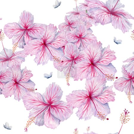 Rosa Hibiscus Flores patrón sin costuras con pequeñas mariposas. Ilustración en acuarela aislada sobre fondo blanco. Para tarjetas botánicas florales, fondos de pantalla y ropa de cama diseños de tela tropical