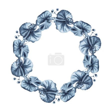 Floral wreath with blue orchid flowers and buds. Hand drawn watercolor illustration isolated on white background. Indigo monochrome round frame for fashion and beauty logo, card and invitation design