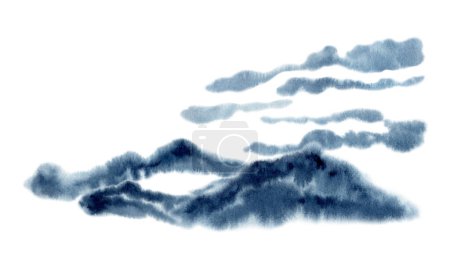 Foggy mountains and clouds minimalistic landscape. Asian Japanese natural backgrop. Hand drawn watercolor illustration isolated on white background. Indigo Blue monochromatic designs for cards, prints