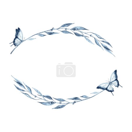 Wreath with blue abstract leaves and butterflies. Hand drawn watercolor illustration isolated on white background. Indigo monochrome oval frame. Copy space for brand logos, cards and invitation design